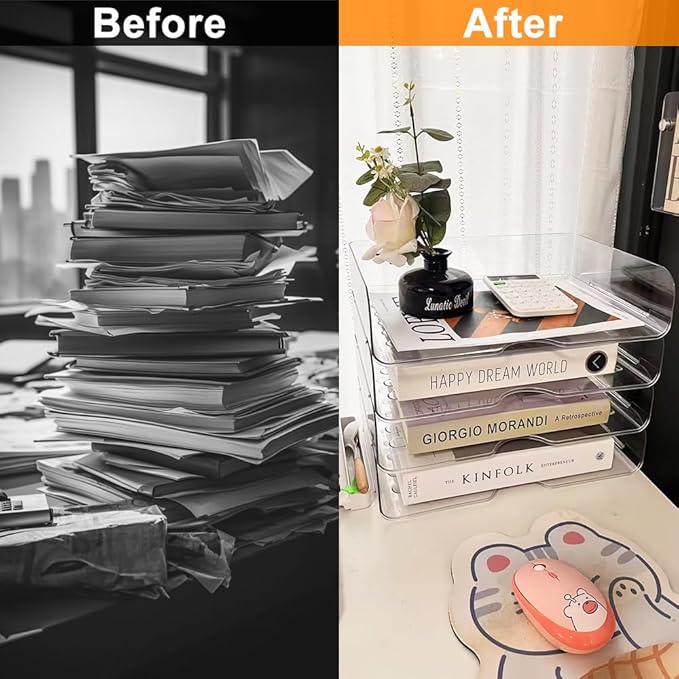 JOSUCLEN Paper Organizer, Acrylic Desk Organizer and Storage Office, Set of 4 File Organizer for Desk, Stackable Paper Tray