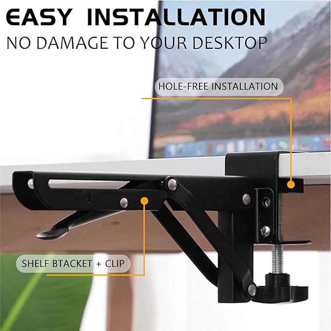 Desk Extender 24 x 12 Inch Foldable Table Extension Folding Wall Table Keyboard Extender for Desk Clamp-on Shelf for Dorm Bunk, Laundry Room (Black)