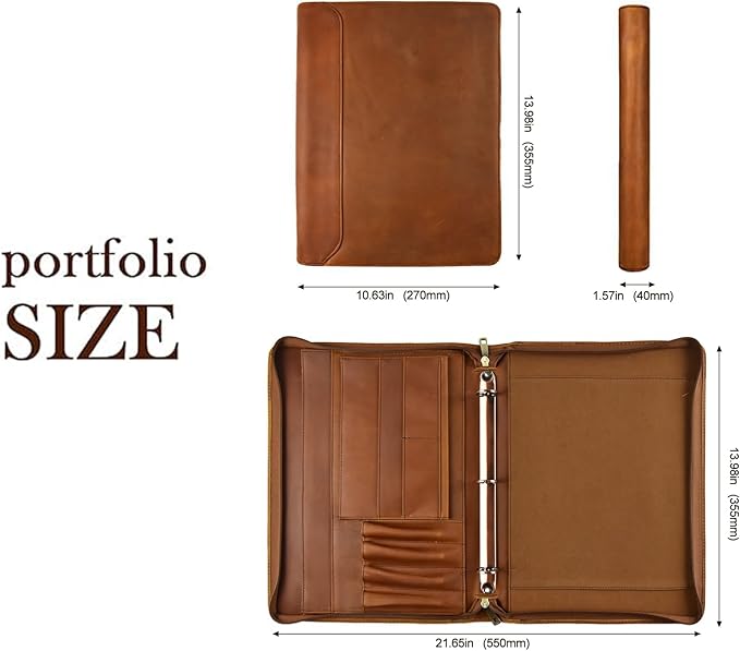 Free Name Engraved, Personalized Leather Portfolio Binder for Men, 3 Ring Binder Custom Padfolio Folder, Handmade Professional Business Organizer with Zipper, Gift for Men/Women, Customized, Brown