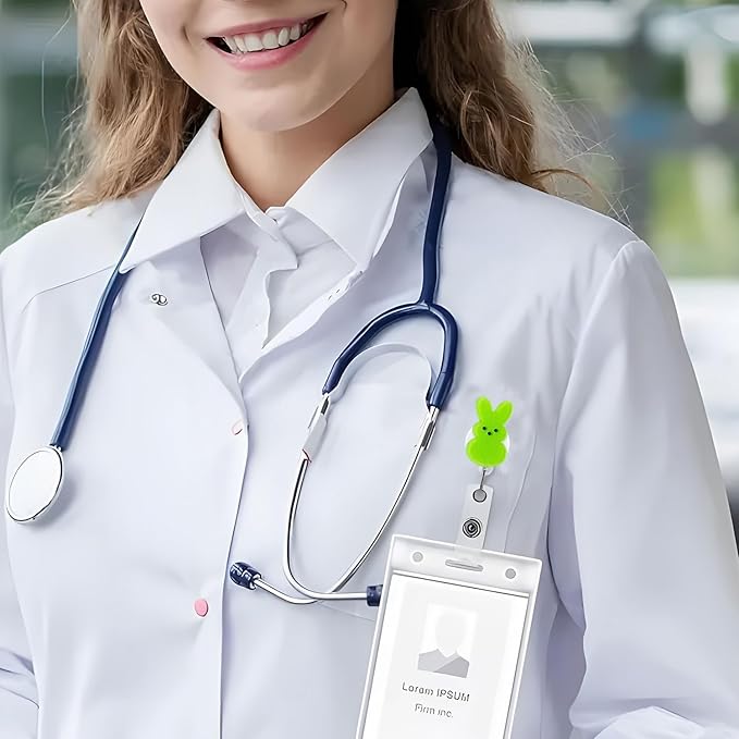 Easter Bunny Badge Reels Retractable ID Name Badge Holder Green Rabbit Cute Badge Reels Acrylic Clips Easter Party Gifts for Nurse Doctor Teacher Student Office Supplies