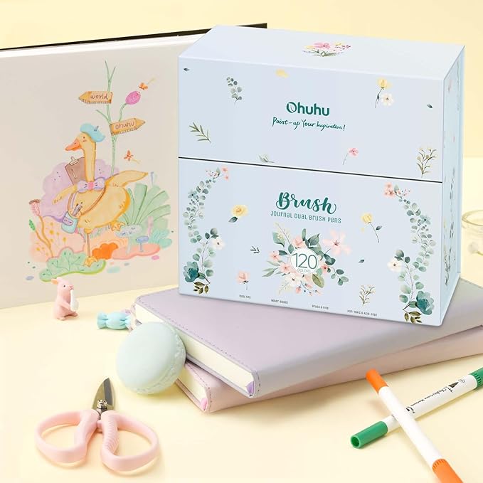 Ohuhu Markers for Adult Coloring Books No Bleeding 120 Colors Coloring Markers Water-based Dual Tips Fineliner & Brush Drawing Pens Art Markers for Kids Adults Sketch Journal - Maui - White