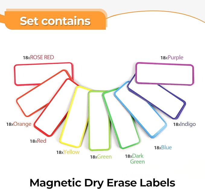162pcs Magnetic Dry Erase Labels Colorful Name Tags Flexible Reusable Magnetic Label Stickers for White Board Refrigerator Locker Size 3.2"x1.2" by Mositear