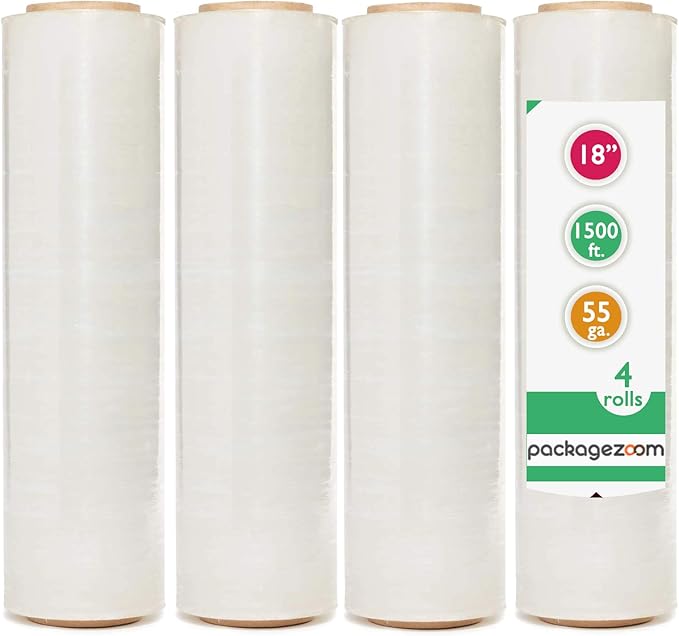 PackageZoom 4 Rolls 12" Stretch Wrap x 1500 Feet Stretch Wrap 55 Gauge Stretch Wrap Moving Supplies Stretch Wrap