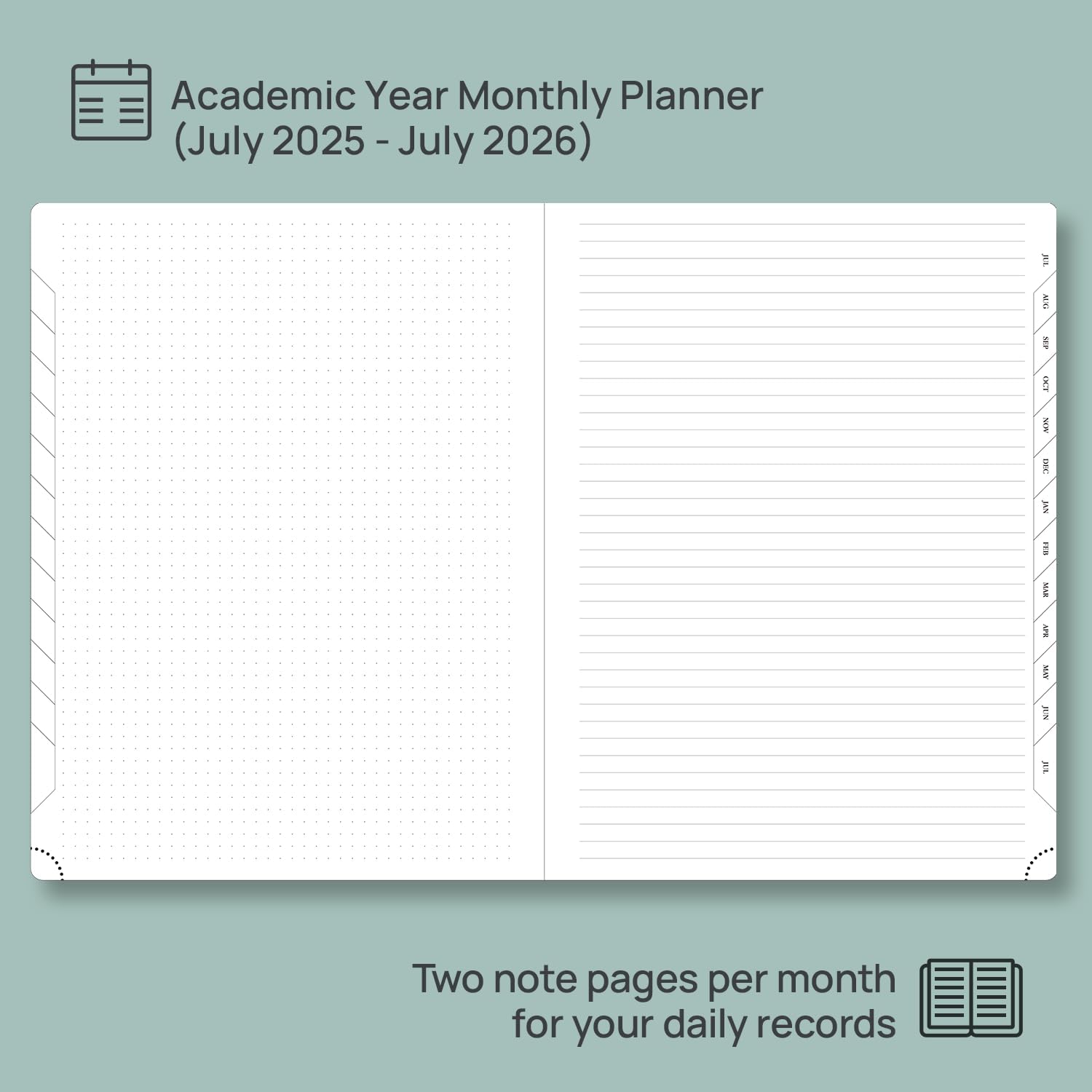POPRUN Monthly Planner 2025-2026, 8.5'' x 11.25'', 13-Monthly Calendar (July 2025-July 2026) 15-Minute Hourly Appointment Book with Stair Tabs, Soft Cover, 100GSM Paper - Pacific Green
