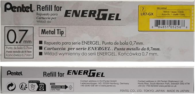 Pentel Refill Ink - For EnerGel Gel Pen, 0.7mm Metal Tip, Medium, Yellow Ink, 12 pack (LR7-G)
