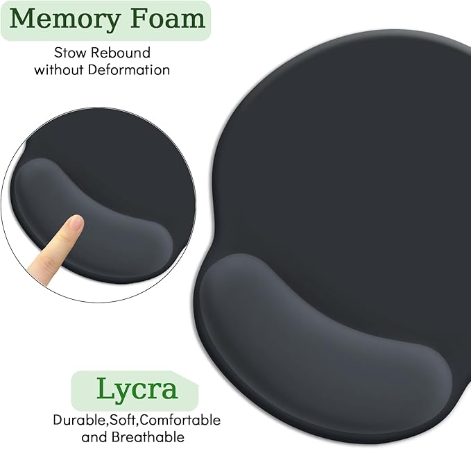 Black Mouse Pad Gel Wrist Support, Ergonomic Mouse Pad with Wrist Rest, Comfortable Computer Mouse Pads for Desk, Gaming Mousepad with Non-Slip Pain Relief PU Base, Office Desk Accessories