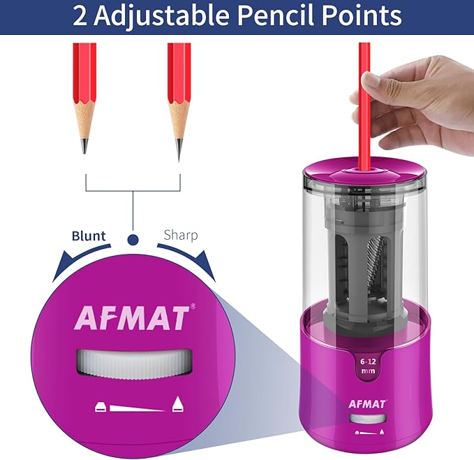 AFMAT Electric Pencil Sharpener for Colored Pencils, Auto Stop, Fast Sharpen in 3s, Large Hole Pencil Sharpener Plug in for 6-12mm No.2/Jumbo Pencils-Purple