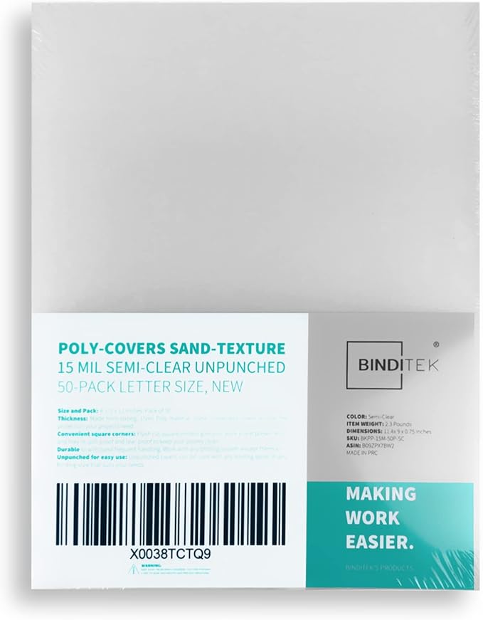 Binditek 50 Pack 15 Mil Frosted Polycover,Semi-Transparent Binding Presentation Covers, 8-1/2 x 11 Inches, Lightly Textured Sand Finish, Square Corners, Un-Punched, Office Supplies