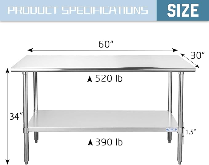 HALLY Stainless Steel Table for Prep & Work 30 x 60 Inches, NSF Commercial Heavy Duty Table with Undershelf and Galvanized Legs for Restaurant, Home and Hotel