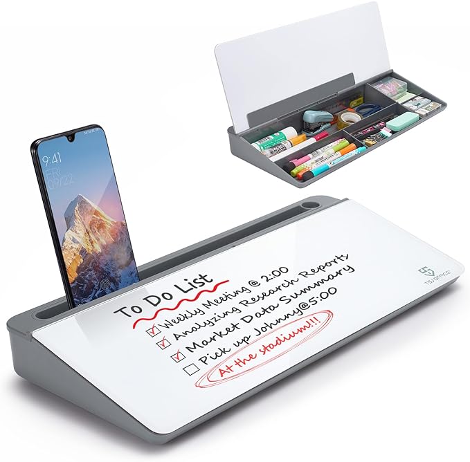Small Desktop Glass Whiteboard Dry-Erase-Board - Computer Keyboard Stand White Board Surface Pad with Drawer, Desk Organizers with Accessories for Office, Home, School Supplies