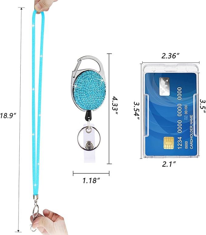 VIQWYIC Retractable ID Badge Holder with Clip, ID Name Badge Reels with Bling Rhinestones Retractable Card Holder for Office Worker Teacher Doctor Nurse (Blue)