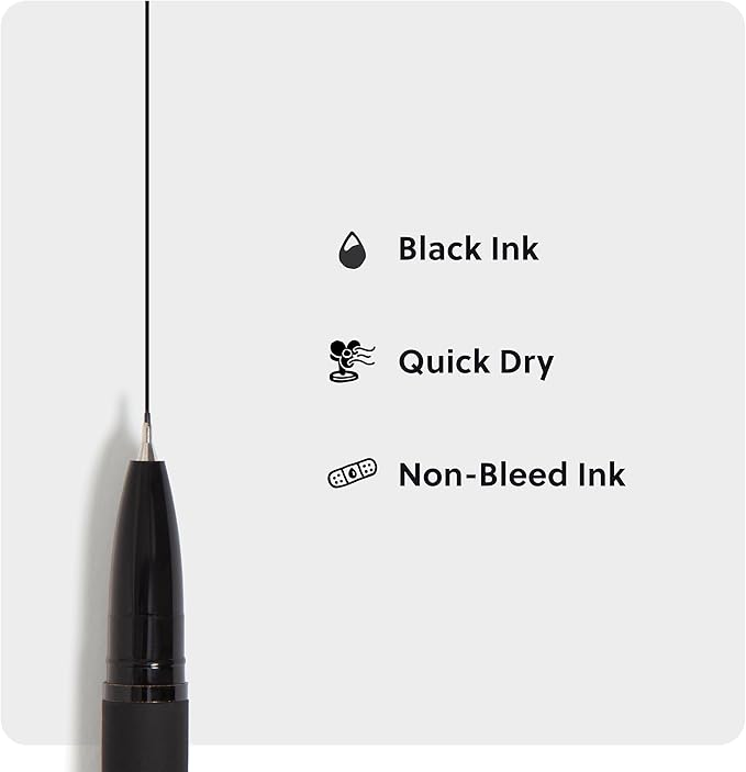 U Brands Catalina Felt Tip Pens, Set of 6, Midnight Black, Painted Metal Hardware, Medium (0.7 mm) Point, Black Ink