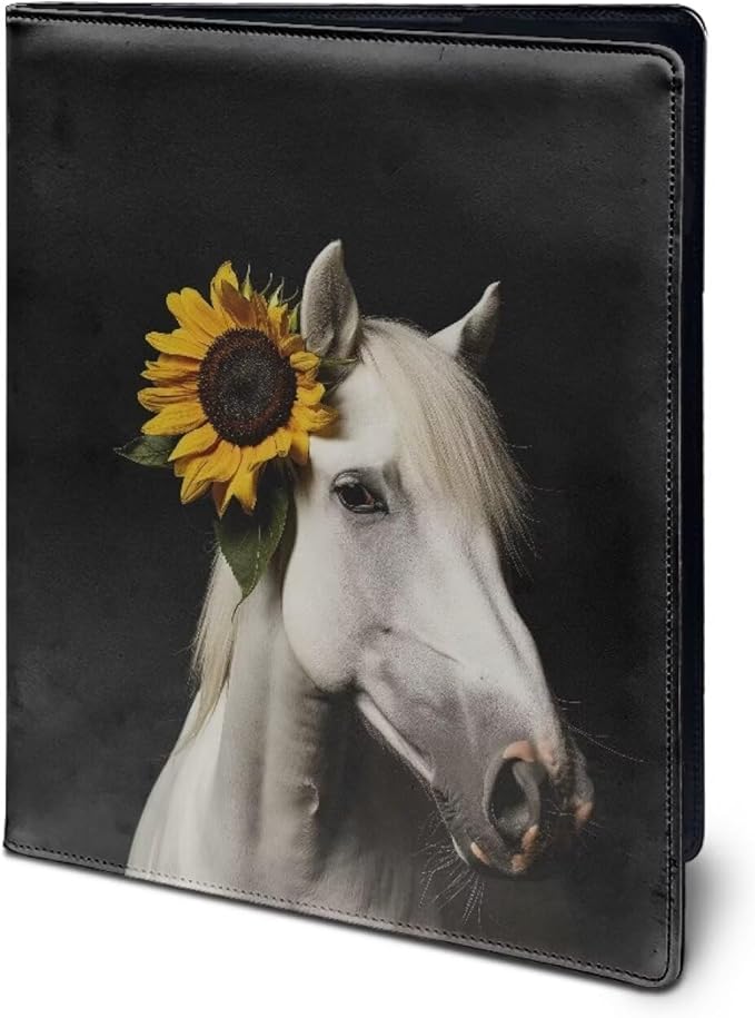 Office Folder White Horse Sunflower Print Leather Padfolio with A4 Size Clipboard Clip for Business Resume Interview Document Sleeve Binder Folder for Men/Women