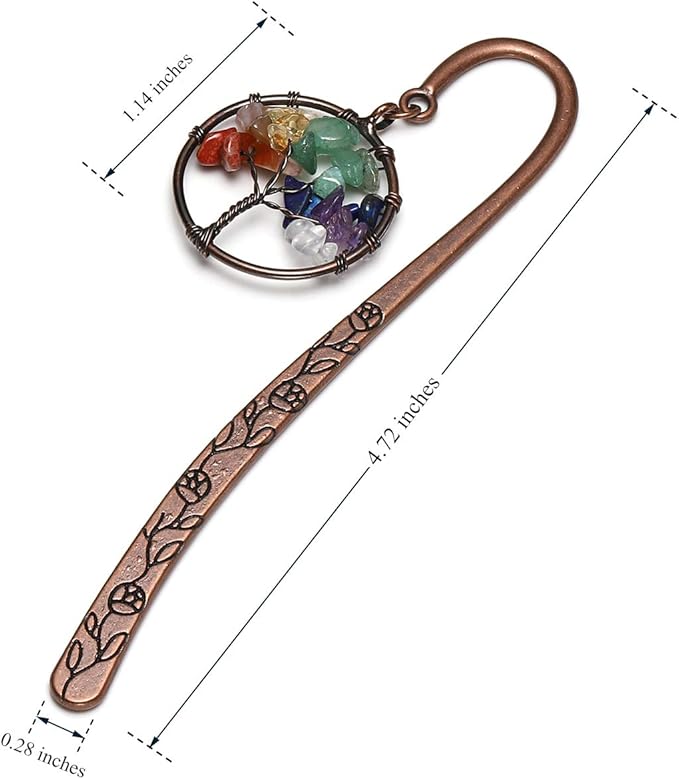 Jovivi Antique Copper Metal Bookmark Beading Bookmarks with Handmade 7 Chakra Tree of Life Tumbled Gemstones