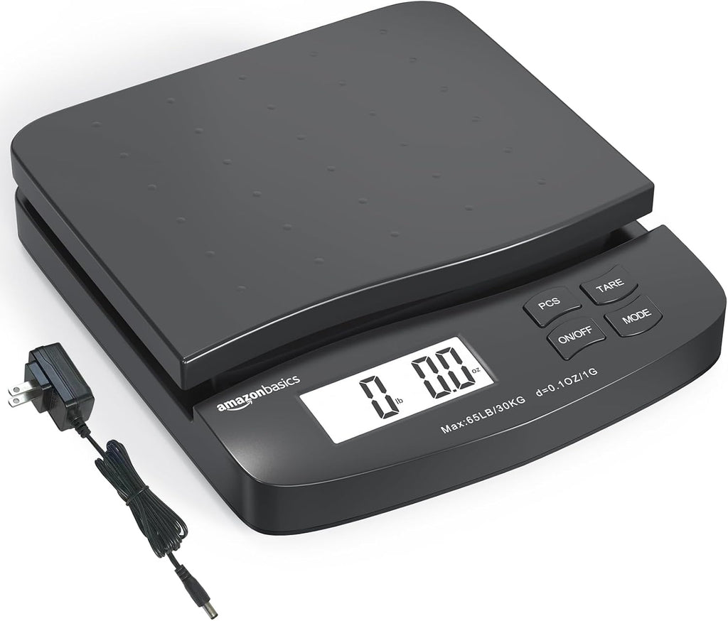 Amazon Basics Digital Postal Scale, AC Adapter, 65 lb Capacity, 0.1 oz Readability, Black