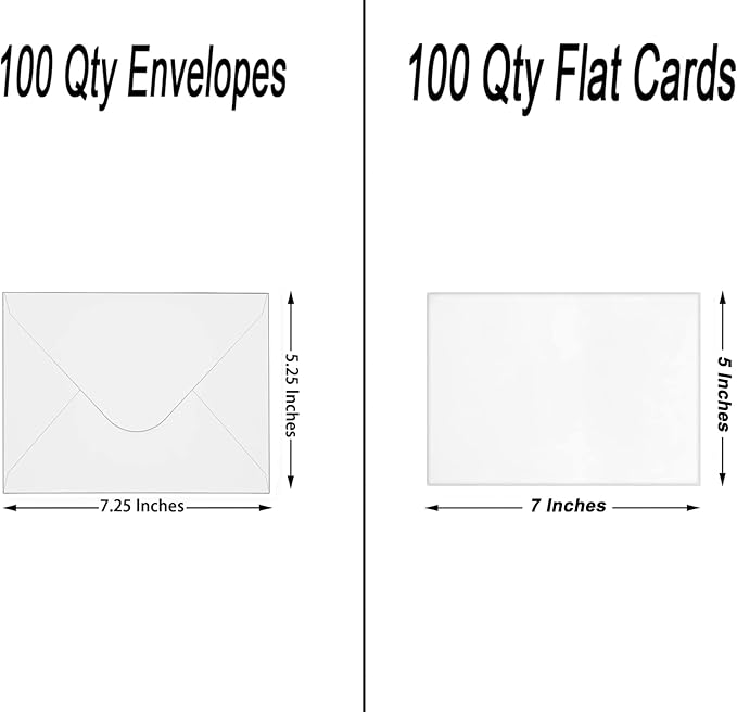 100 Qty 5.25 x 7.25 inches Printable A7 Invitation Envelopes & 100 Qty Flat Cards, Self Seal 120GSM White Kraft Paper Envelopes for Invitations, Papers, Photos, Documents, Wedding