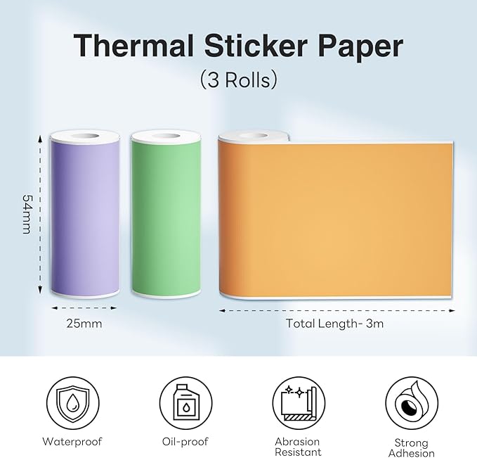 Thermal Paper Self-Adhesive Sticker Paper for Mini Thermal Pocket Printer D1, Black on Orange/Purple/Green 50mm x 3m, 25mm Diameter, 3-Rolls for Notes, Texts, Journal Photo and Notebuddy
