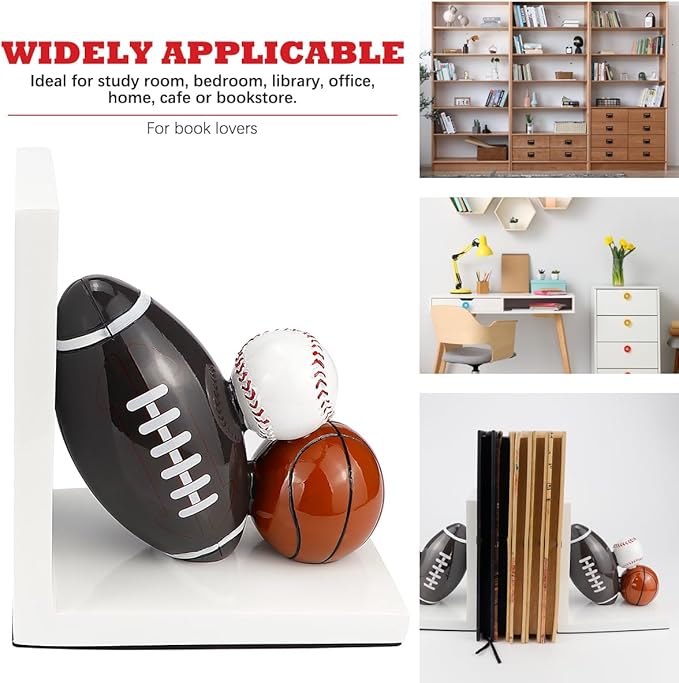 Resin Bookend Football Basketball Book Stopper Heavy Duty Bookend Modern Geometric Design for Home Library Office School Book Display