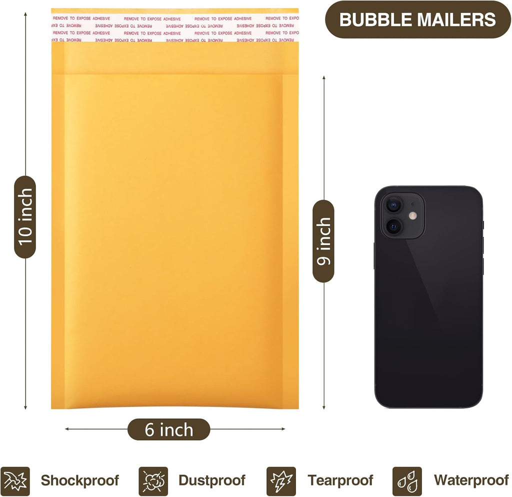 UCGOU Kraft Bubble Mailers 6x10 Inch 100 Pack Usable Size 6x9 Inch Yellow Padded Envelopes #0 Small Business Mailing Packages Self Sealing Tear Resistant Boutique Shipping Bags for Jewelry Supplies