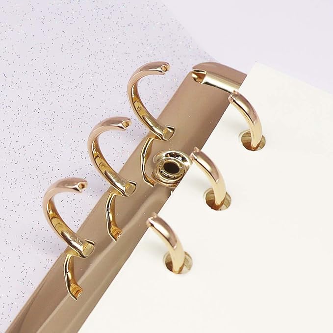 Glitter Powder PVC Binder Cover 6 Round Ring Binders Snap Button Closure Loose Leaf Folders Refillable Soft PVC Notebook Shell Protector (Gold 6 Rings, A6 Binder)