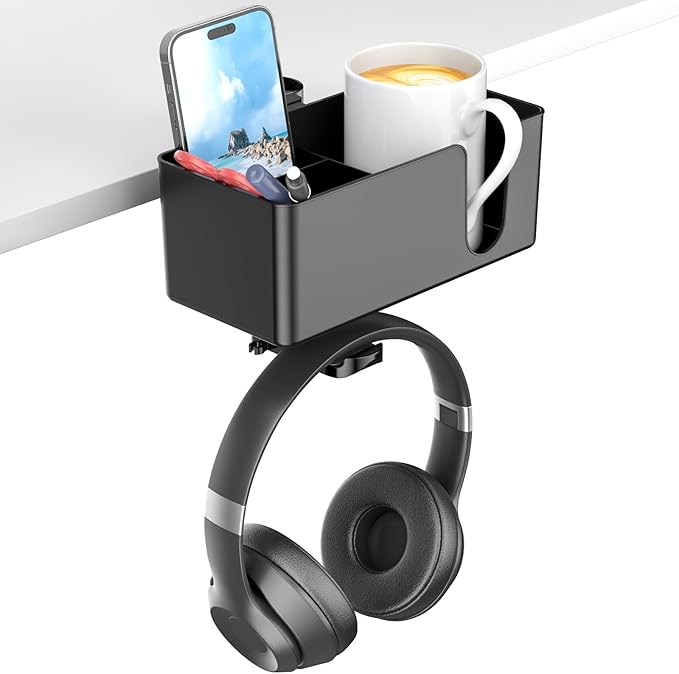 KDD 4 in 1 Desk Cup Holder - Clamp on Under Desk Headphone Hanger - Rotating Headphone Holder Detachable Pen Cup Holder Desk Storage for Cup, Phone and Pen(Black)