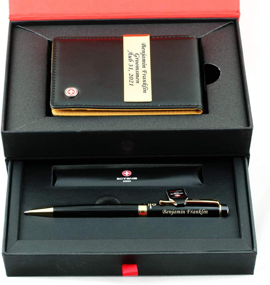 Free engraving - 24K Gold, Mens Leather Money Clips, Roller Ballpen, Ballpoint pen, Ball pen, Groomsmen Gift,Three Lines Each 20 Characters, Free Customization (BLACK)