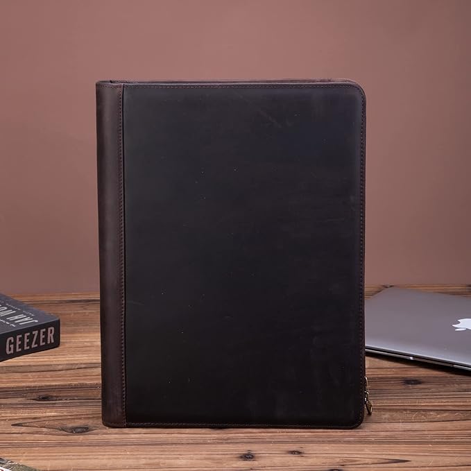 Handmade Crazy-Horse Leather Padfolio Portfolio, Easy to Carry with A Zippered Closure, Business Organizer Tablet Folio Folder with Letter Size Notepad, Gift for Women & Men (Dark Brown)