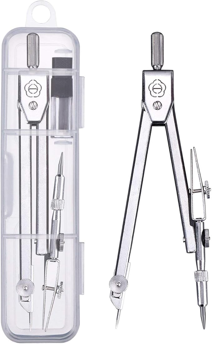 EBOOT Student Geometry Math Set, Drawing Compass and 6 Inch Clear Swing Arm Protractors 180 Degree Math Protractor (Argent, Classic)