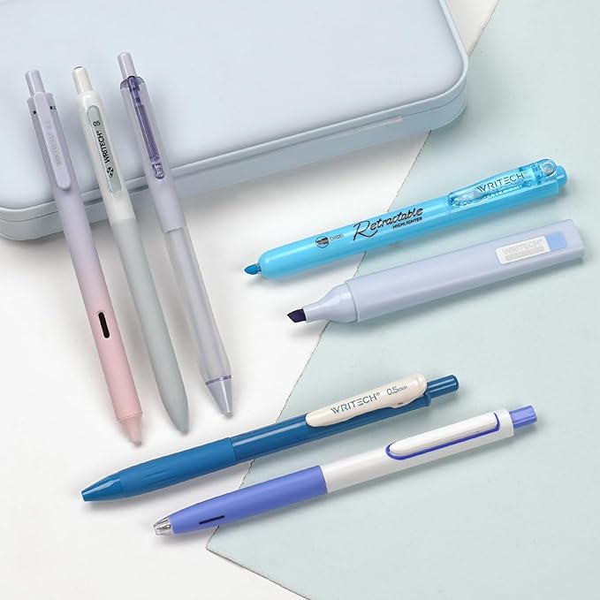 WRITECH Gel Pens Journaling Highlighters: Journal Set Aesthetic Assorted Pastel Color Ink 0.5mm Fine Point Retractable 0.7mm Black Pen Smooth Writing Drawing No Bleed 7ct (Blue)