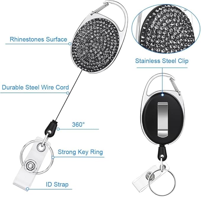 VIQWYIC Retractable ID Badge Holder with Clip, ID Name Badge Reels with Bling Rhinestones Retractable Card Holder for Office Worker Teacher Doctor Nurse (Light Black)
