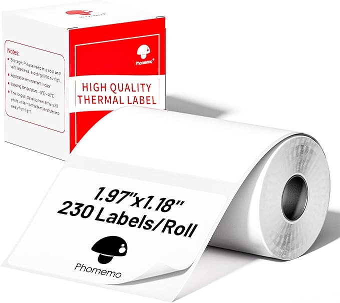 Phomemo Thermal Sticker Label for M110/M221/M220/M120/M200 Label Printer,1.97"x1.18"(50x30mm), 230 Labels/Roll, Black on White