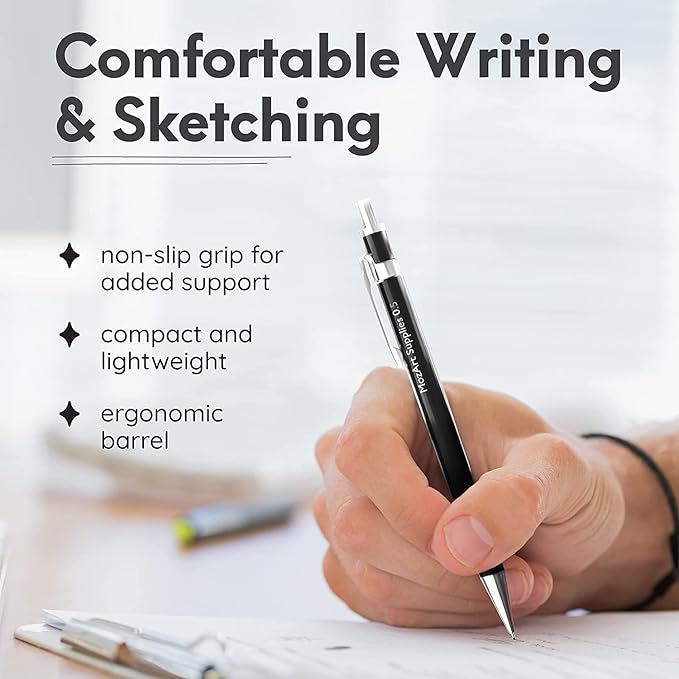 MozArt Mechanical Pencil Set with Case - 4 Sizes: 0.3, 0.5, 0.7 & 0.9mm with 30 HB Lead Refills Each & 4 Eraser Refills -Sketch, Drafting, Art, Drawing Supplies (Black)