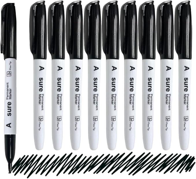 10 Pack Black Permanent Felt Waterproof Markers, Fine Point, Fade Resistant, Writes on Plastic, Metal, Glass, and Stone.…
