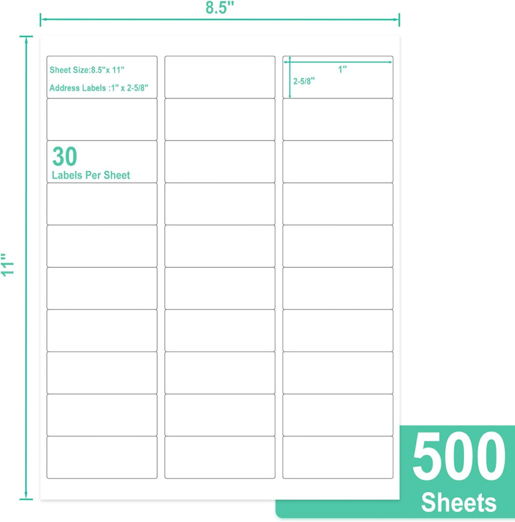L LIKED Printable Address Labels, 1" x 2-5/8", 15000 Labels, 30 per Sheet, Blank Label Stickers for Envelopes (500 Sheets)
