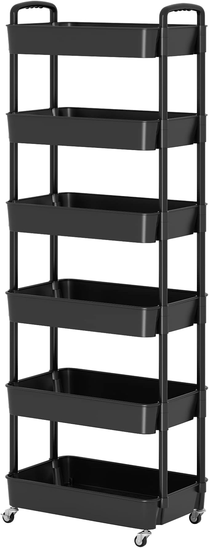 Sywhitta 6-Tier Plastic Rolling Utility Cart with Handle, Multi-Functional Storage Trolley for Office, Living Room, Kitchen, Movable Storage Organizer with Wheels, Black