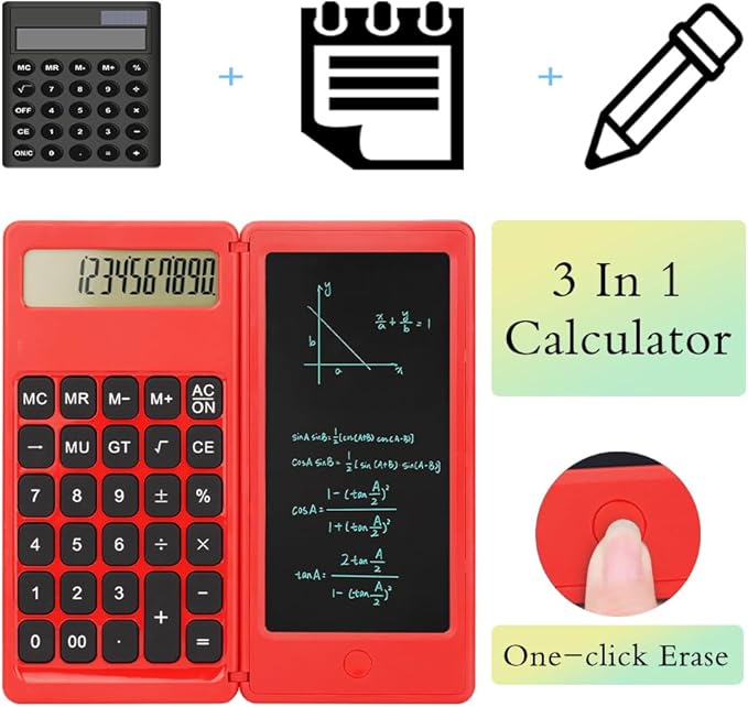 Desk Calculator, Desktop Small Calculator with Writing Notepad, Basic 4-Function Math Large Button Calculator, School Supplies for Kids, Middle/High School Students (Red)
