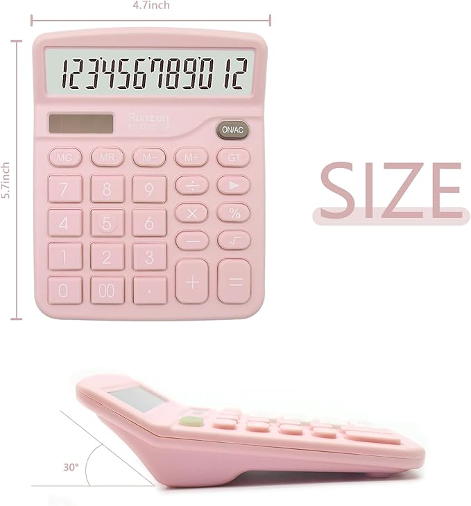 2PC Pink Calculator, Solar Battery Dual Power Calculator,Desktop Calculator 12 Digit with Large LCD Display, Pink Office Supplies with Sensitive Button, Pink Desk Accessories, School Supplies