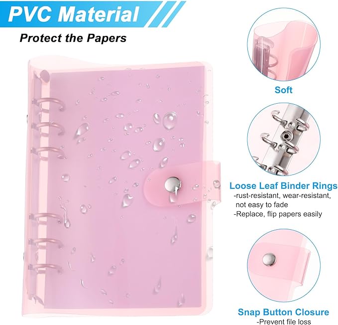 PATIKIL A6 Clear Binder Cover, Soft PVC Loose Leaf Binder Protector Refillable Notebook Shell with Snap Button Closure for DIY Meeting Notebook Folder, Pink