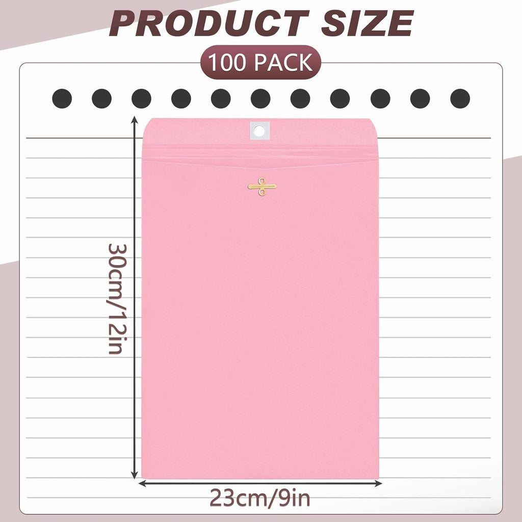Geyee 100 Pcs Clasp Manilla Envelopes 9 x 12 Inch Gummed Colored Envelopes for Storing or Mailing for Home Office Business Supplies(Cherry Color)