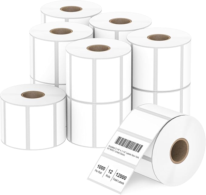 2.25" x 1.25" Direct Thermal Labels, White Thermal Printer Labels for Barcode, Thermal Stickers Compatible with Zebra, Rollo, Munbyn Thermal Labels Printers (12 Rolls, 1000 Labels/Roll)