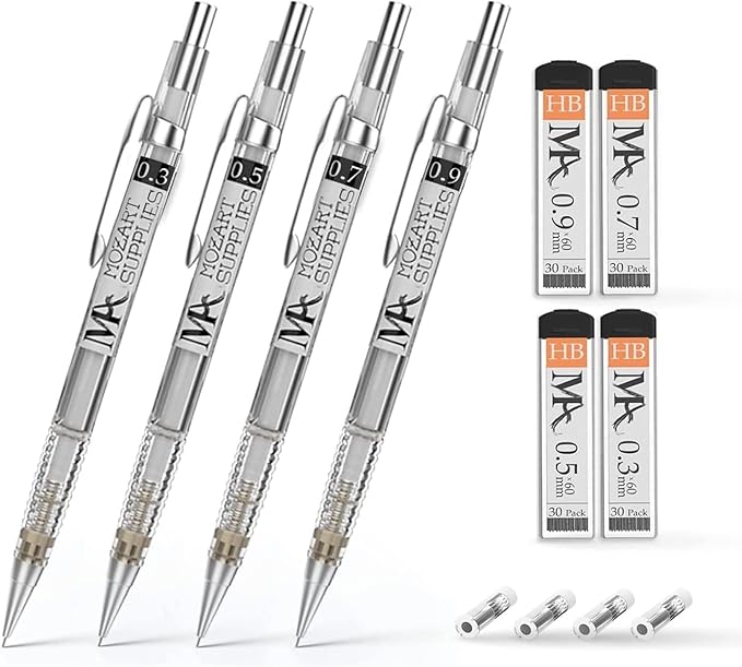MozArt Mechanical Pencil Set with Case - 4 Sizes: 0.3, 0.5, 0.7 & 0.9mm with 30 HB Lead Refills Each & 4 Eraser Refills -Sketch, Drafting, Art, Drawing Supplies (Clear)