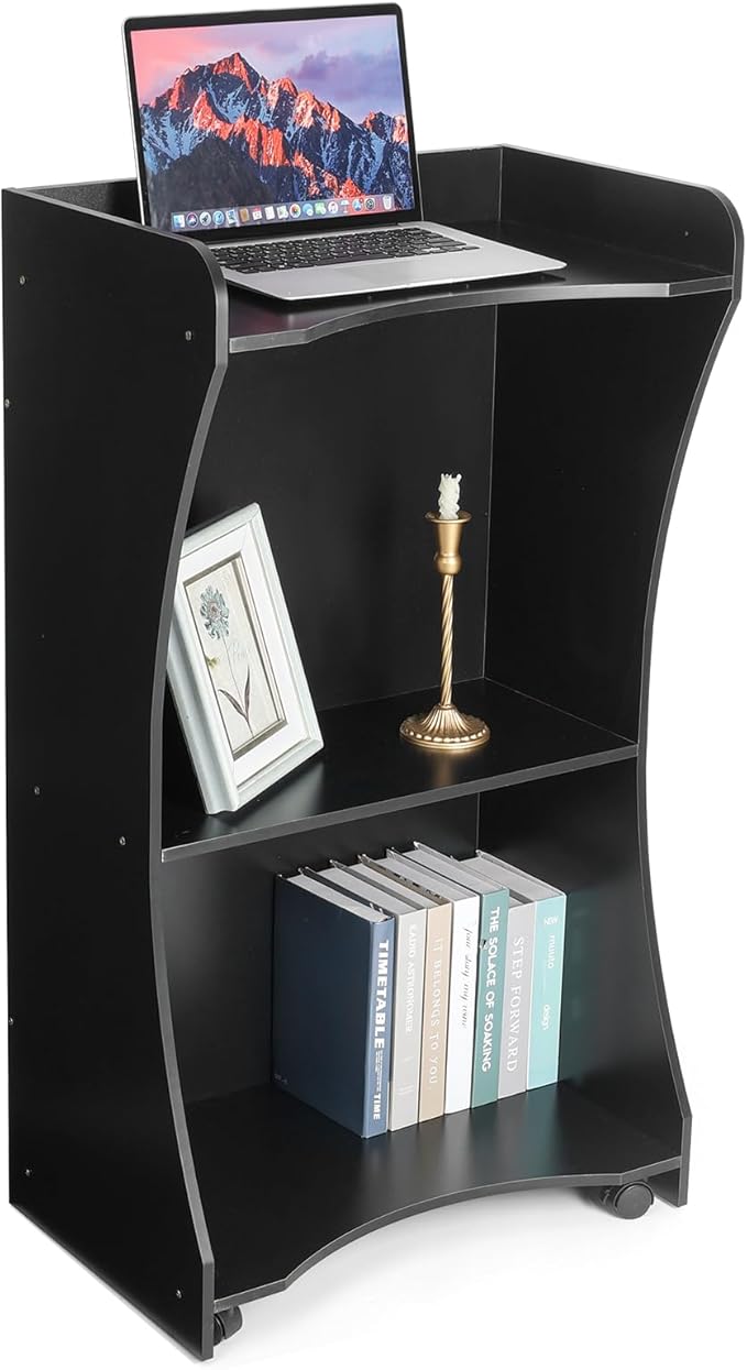 Wooden Podium Stand with Wheels, Versatile Black Lectern for Church Pulpits, Reception Desks, Lectures, Cash Registers