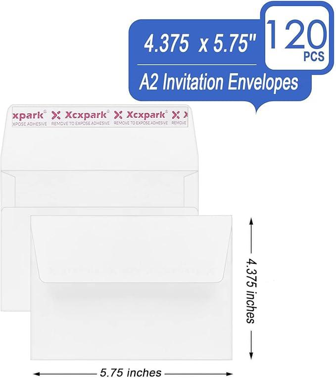 120 Qty Printable A2 Invitation Envelopes 4.375 x 5.75 Cards, Self Seal 120GSM white Paper Envelopes for Invitations, Papers, Photos, Documents, Wedding, Baby Shower, Easy to Seal and Peel