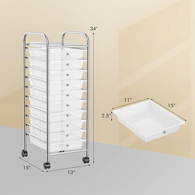 Storage Cart, Rolling Utility Cart with 10 Drawers, Portable Handles & Lockable Wheels, Mobile Paper Toys Storage Organizer Large Capacity for Home Office School Teacher (Clear)