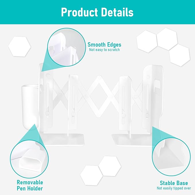 SAYEEC Adjustable Bookends with Pen Holder Expandable Book Ends for Heavy Books Plastic Desk Book Holder Stand Stopper Rack Magazine Binder Organizer for Shelves Bookcase Office School Home (White)