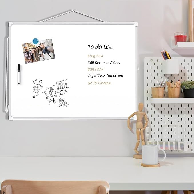 MaxGear White Board for Wall, 24" x 18" Double Sided Dry Erase Board, Magnetic White Board Hanging Whiteboard for Home, School, Office