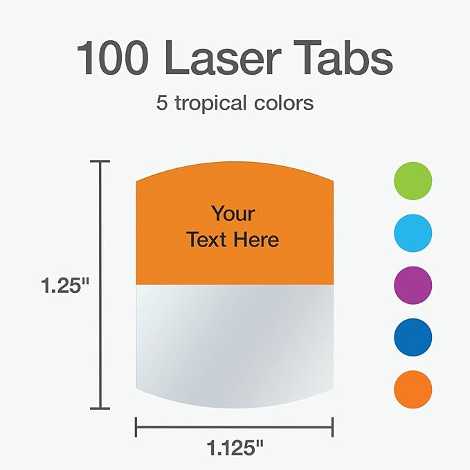 Redi-Tag Laser Printable Tabs, Permanent Index Tabs, Customizable Adhesive Labels, Assorted Tropical Colors, 1.125" x 1.25", 100 Per Pack (1006788)