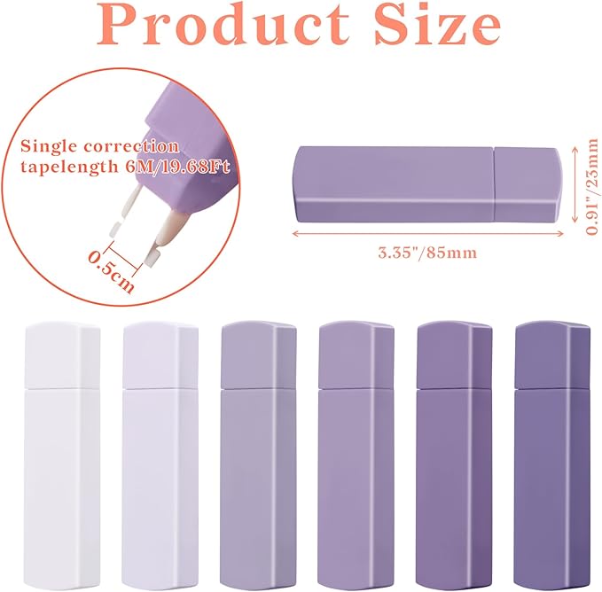 Temiary 6Pcs Mini White Out Tapes for Instant Correction, Cute Whiteout for Writing, Aesthetic Correction Tape Set Easy To Use for Students School Office Supplies (Purple)