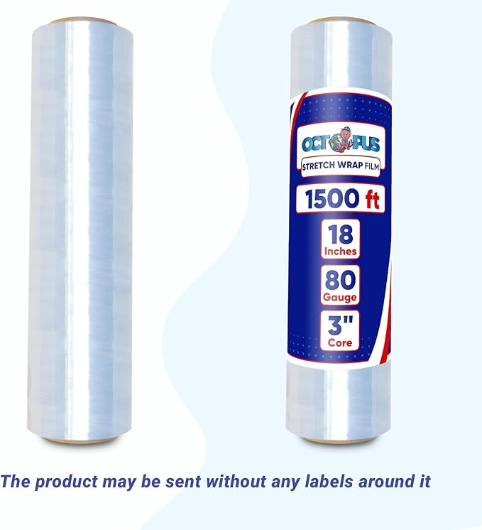 OCTOPUS Stretch Wrap, Industrial Strength 4 Roll Clear, 18” x 1500 feet, 80 Gauge (20 Micron), Heavy Duty Plastic Shrink Film for Packing, Wrapping, Bundling, Shipping, Pallets, and Moving Essentials