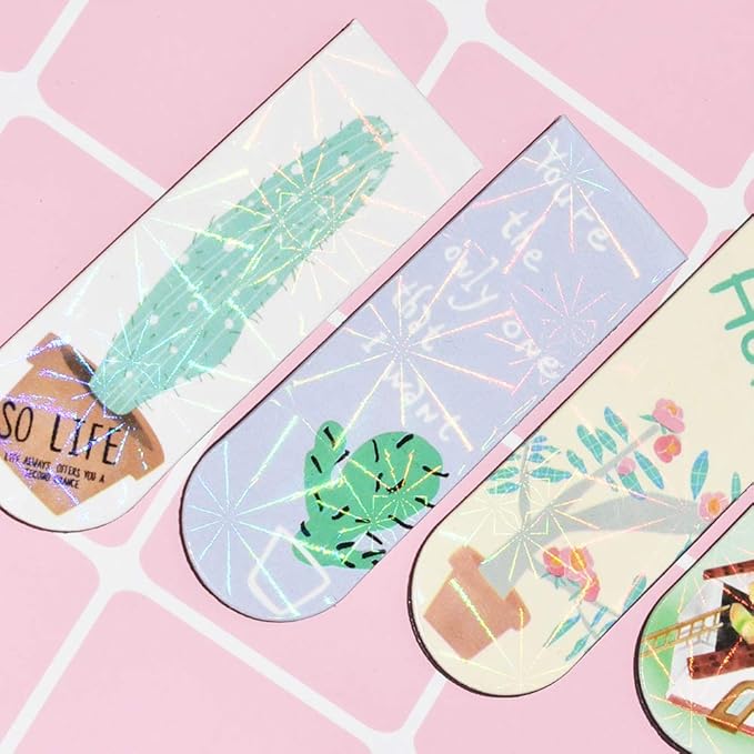 30 Pieces Cute Magnetic Bookmarks for Women/Men, Dual Sided Rainbow Film Laminated Book Markers for Girls, Funny Magnetic Bookmarks for Kids, Book Marks Bulk Page Clip Reading Giveaways (Cactus Plant)